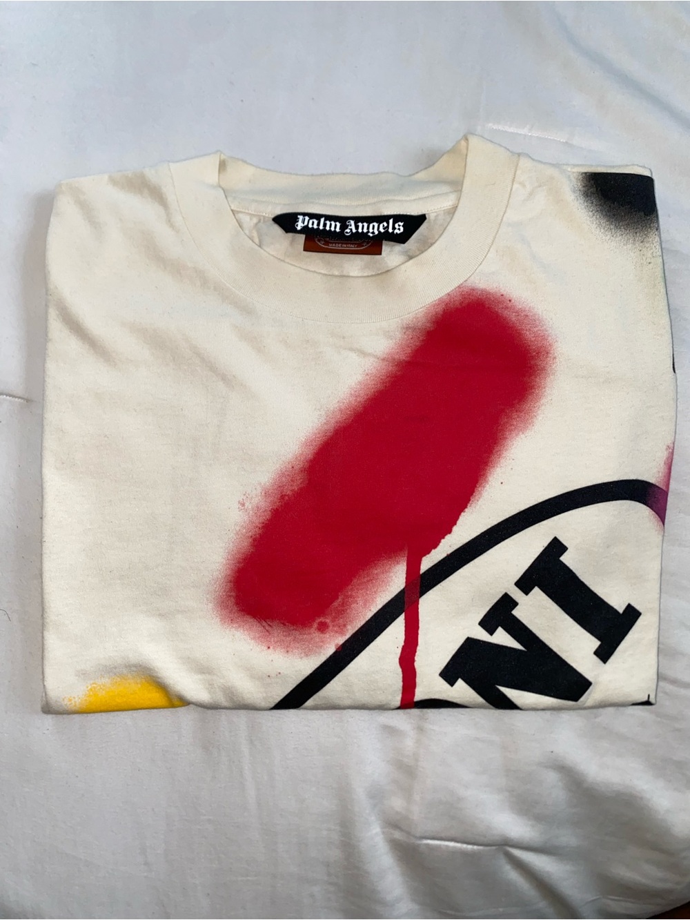 Palm Angels Men’s Cream Crewneck T-Shirt with Red Spray Graphic XXL